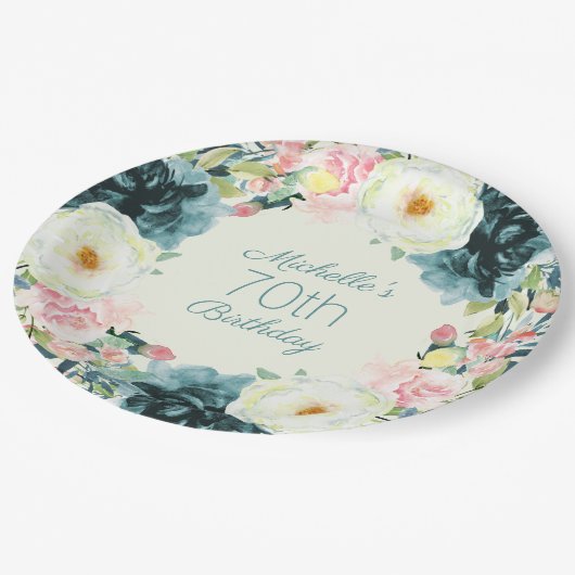  Blush roze crème Blauwgroen 70e verjaardag Papieren Bordje (Gekanteld)