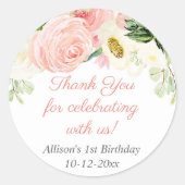 Blush roze crème bloemige waterverven verjaardagsf ronde sticker (Voorkant)