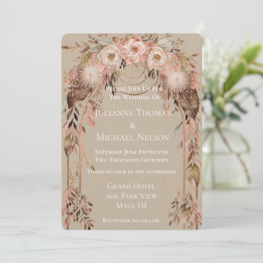 Blush Roze Crème Boho Floral Wedding Arch Kaart (Staand voorkant)