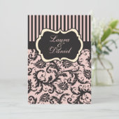 Blush roze, crème, grijs damast gestreept uitnodig kaart (Staand voorkant)