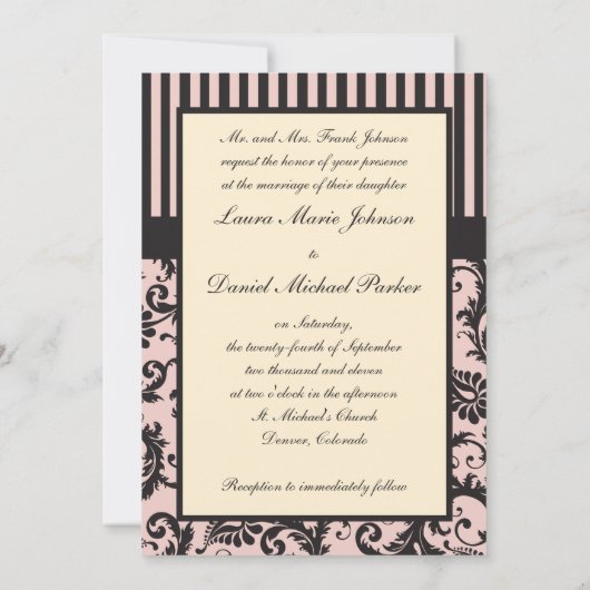 Blush roze, crème, grijs damast gestreept uitnodig kaart (Achterkant)