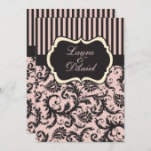 Blush roze, crème, grijs damast gestreept uitnodig kaart (Voorkant / Achterkant)