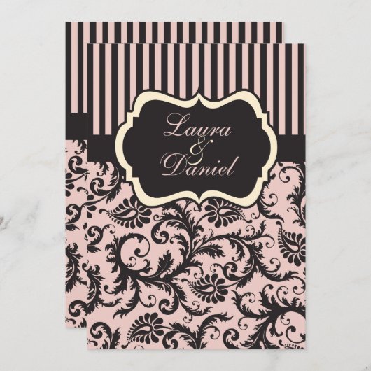 Blush roze, crème, grijs damast gestreept uitnodig kaart (Voorkant / Achterkant)