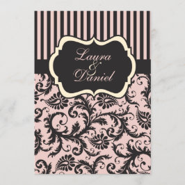 Blush roze, crème, grijs damast gestreept uitnodig kaart