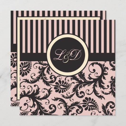 Blush roze, crème, grijze streep Damast monogram Kaart (Voorkant / Achterkant)