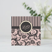 Blush roze, crème, grijze streep Damast monogram Kaart (Staand voorkant)