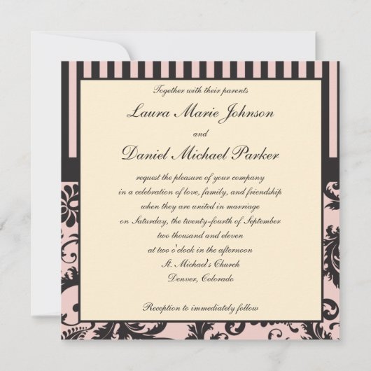 Blush roze, crème, grijze streep Damast monogram Kaart (Achterkant)