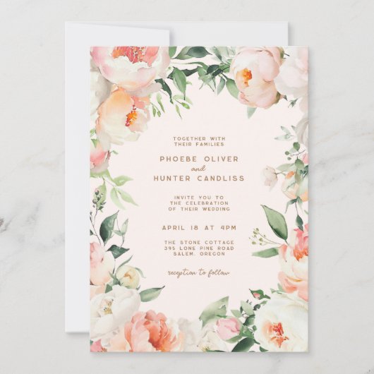 Blush roze crème pioen bloemig groen bruiloft kaart (Voorkant)