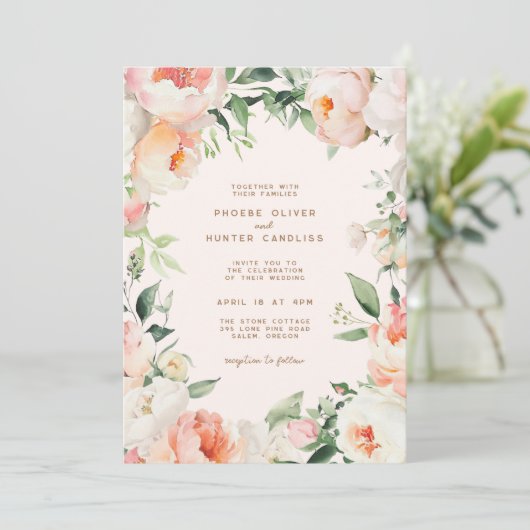 Blush roze crème pioen bloemig groen bruiloft kaart (Staand voorkant)