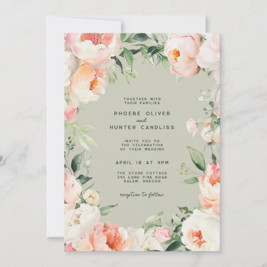 Blush roze crème pioen bloemig groen bruiloft kaart (Voorkant)