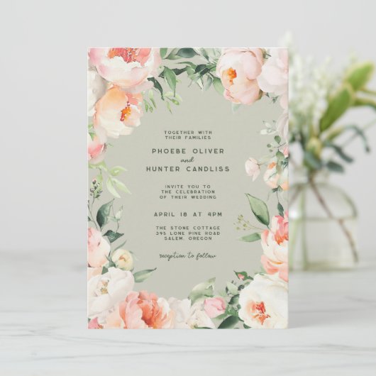 Blush roze crème pioen bloemig groen bruiloft kaart (Staand voorkant)