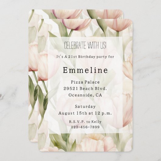  Blush Roze Crème Tulpen Bloemen Verjaardag Kaart (Voorkant / Achterkant)