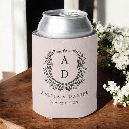 Blush Roze Crest Modern Monogram Huwelijk Blikjeskoeler