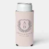 Blush Roze Crest Modern Monogram Huwelijk Seltzer Blikjeskoeler (Seltzer Voorkant)
