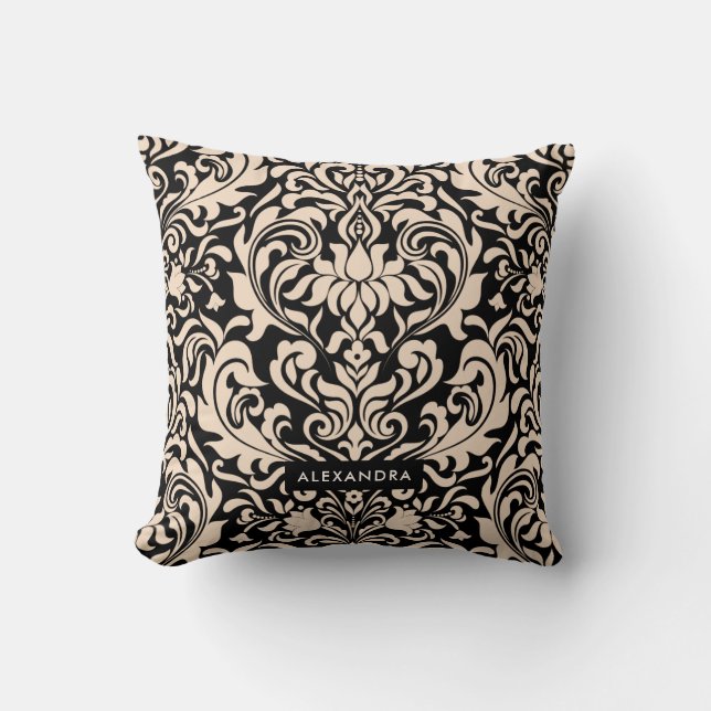 Blush Roze Damask op Black Kussen (Voorkant)