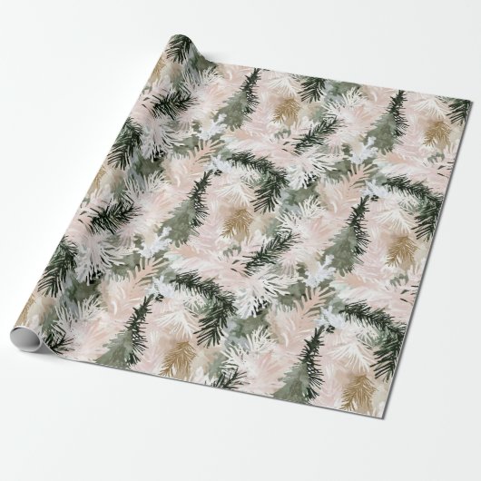 Blush roze dennen groene kerstbomen cadeaupapier (Uitgerold)