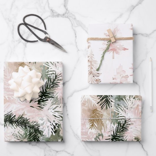 Blush roze dennen groene kerstbomen inpakpapier vel (Voorkant)