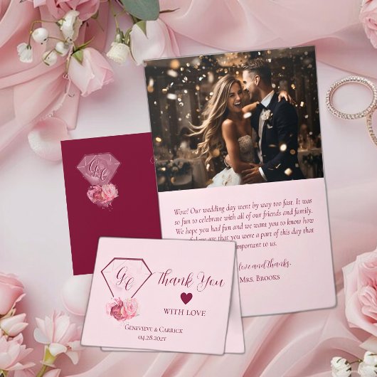 Blush Roze & Dieprode Trouwdag Bedankkaart