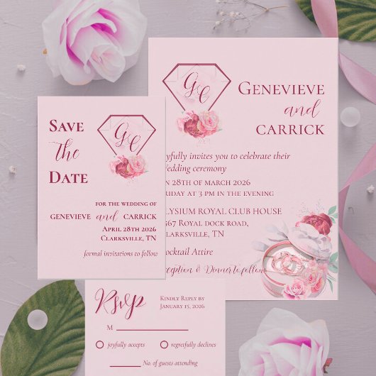 Blush Roze & Dieprood RSVP Kaartje