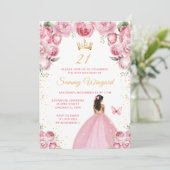 Blush roze donkere huid prinses verjaardagsfeestje kaart (Staand voorkant)