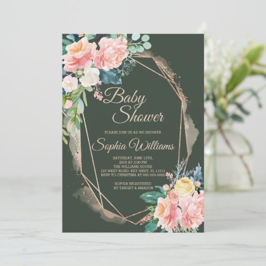 Blush Roze, Donkergroen & Goud Baby shower Kaart (Staand voorkant)