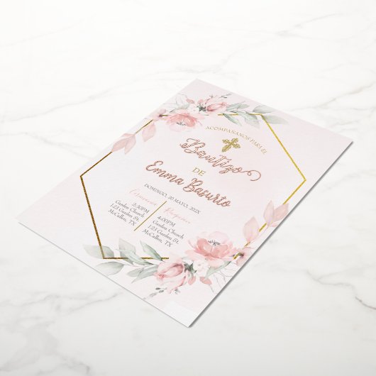 Blush roze doop meisje folie uitnodiging (Gedraaid)