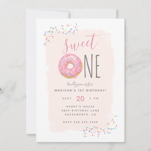 Blush | Roze Doughnut Sprinkle Sweet 1ste verjaard Kaart (Voorkant)
