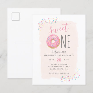 Blush | Roze Doughnut Sprinkle Sweet 1ste verjaard Uitnodiging Briefkaart