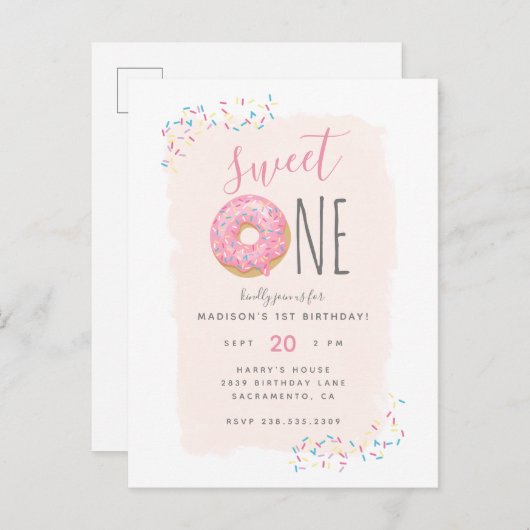 Blush | Roze Doughnut Sprinkle Sweet 1ste verjaard Uitnodiging Briefkaart (Voorkant / Achterkant)
