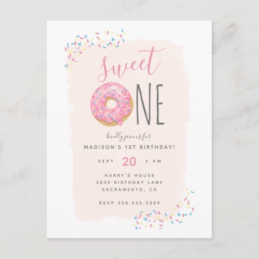 Blush | Roze Doughnut Sprinkle Sweet 1ste verjaard Uitnodiging Briefkaart (Voorkant)