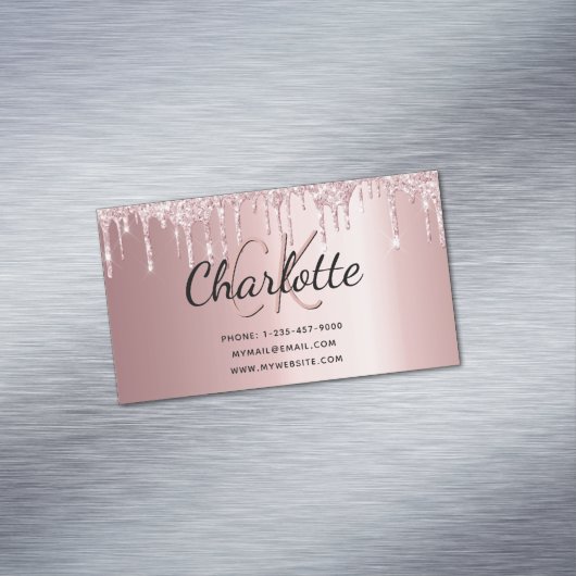 Blush roze druppels elegante monogram magnetisch visitekaartje (Voorbeeld)
