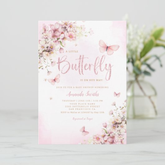 Blush roze een beetje vlinder meisje Baby shower Kaart (Staand voorkant)