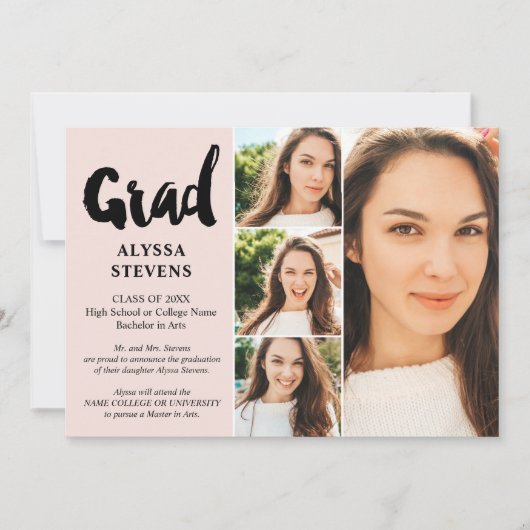 Blush roze eenvoudig Afstudeerder script 4 foto's  Kaart (Voorkant)