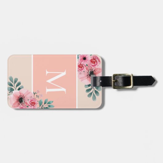 Blush roze | Eenvoudig kleurenblok Monogram Floral Bagagelabel (Voorkant horizontaal)
