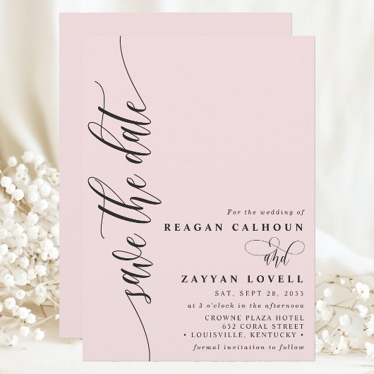 Blush Roze Eenvoudig Modern Script Save The Date