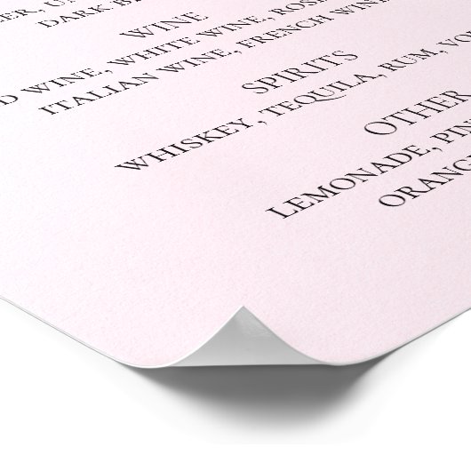 Blush roze, eenvoudig script drink bar menu poster (Hoek)