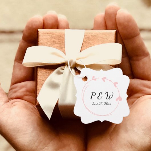 Blush Roze Eenvoudige Hart Krans Monogram Huwelijk Bedankjes Labels