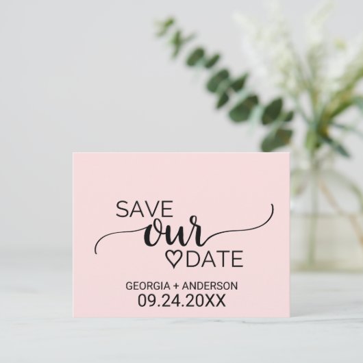 Blush roze eenvoudige kalligrafie Bespaar onze dat Aankondigingskaart (Staand voorkant)