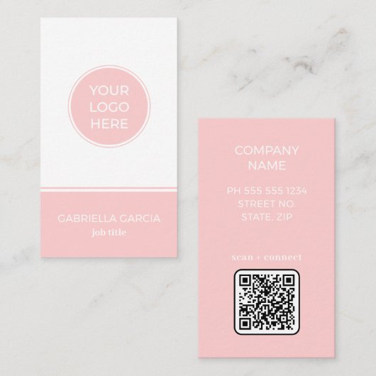 Blush Roze Eenvoudige Logo QR Code Visitekaartje (Voorkant / Achterkant)