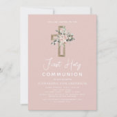 Blush Roze Eerste Heilige Communie Bloemen Roos Kaart (Voorkant)