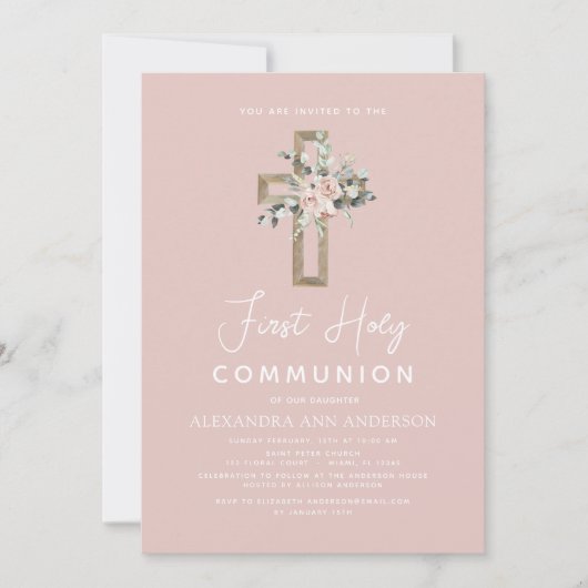Blush Roze Eerste Heilige Communie Bloemen Roos Kaart (Voorkant)