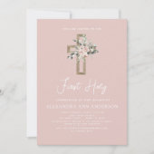 Blush Roze Eerste Heilige Communie Bloemen Roos Kaart (Voorkant)