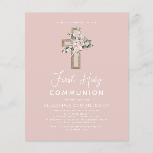 Blush Roze Eerste Heilige Communie Bloemen Uitnodi (Voorkant)
