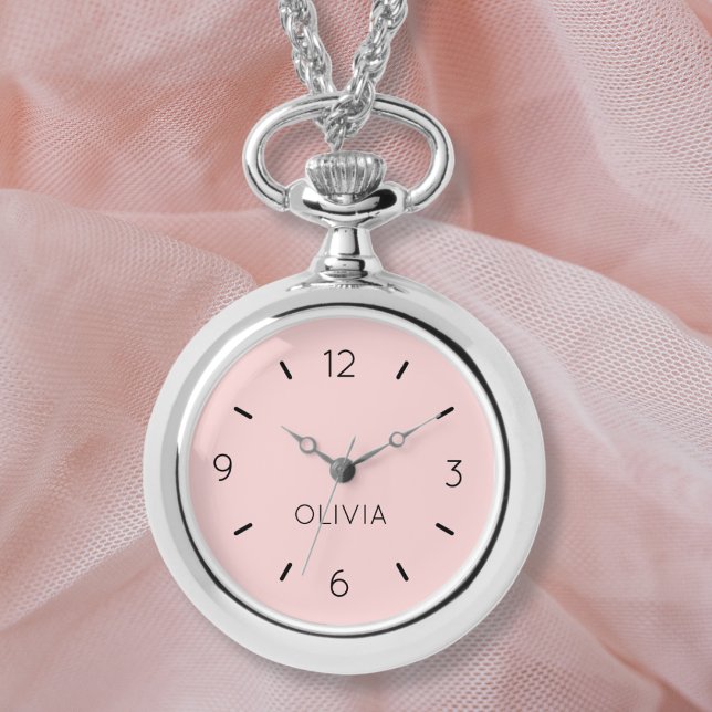 Blush Roze Effen Kleur Custom Name Watch Horloge (Easily personalize this pretty blush pink necklace watch or remove the name completely. )
