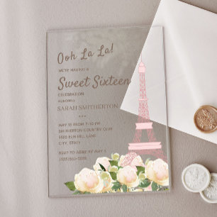 Blush Roze Eiffeltoren Witte Bloem Sweet 16 Acryl Uitnodigingen