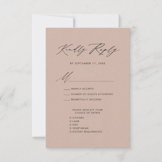 Blush Roze Elegant Script Minimalistische Bruiloft RSVP Kaartje (Voorkant)