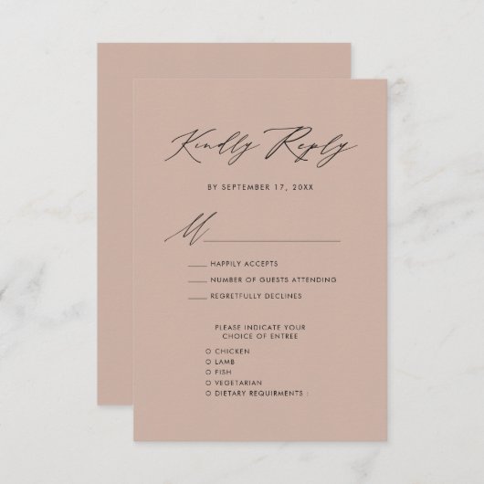 Blush Roze Elegant Script Minimalistische Bruiloft RSVP Kaartje (Voorkant / Achterkant)