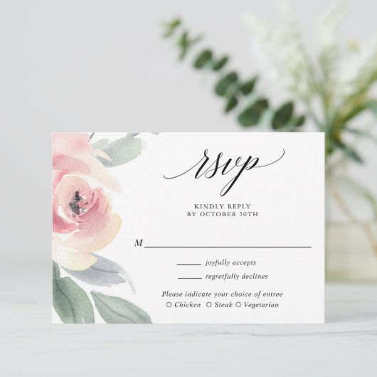 Blush roze elegante bruinachtige bruiloft RSVP Informatiekaartje (Staand voorkant)