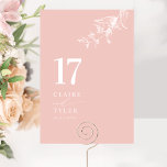 Blush roze elegante, minimale botanische bruiloft kaart<br><div class="desc">Leid uw gasten naar hun tafel met deze elegante blush roze en witte trouwtafelnummerkaart. Stijlvol en eenvoudig ontwerp met namen aan de zijkant, samen met de "en" in moderne handgeschreven kalligrafie. Delicaat met de hand getekend botanisch groen hoekdetail. Plaats een individuele bestelling voor "elk" tabelnummer (d.w.z. voor een evenement met...</div>