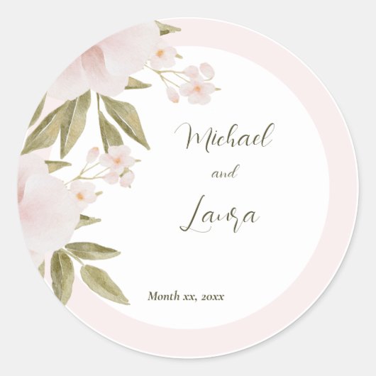 Blush Roze Elegante Waterverf Bloemen Huwelijk Ronde Sticker (Voorkant)